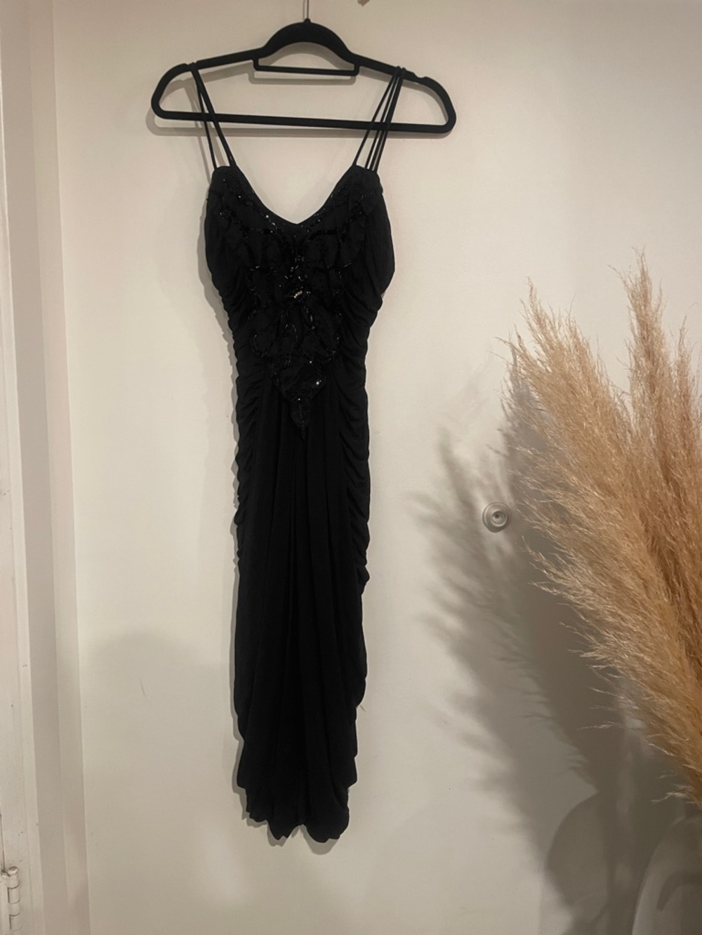 Elegant Vintage Black Ruched New Leaf Midi Dress Sz 7/8 B125